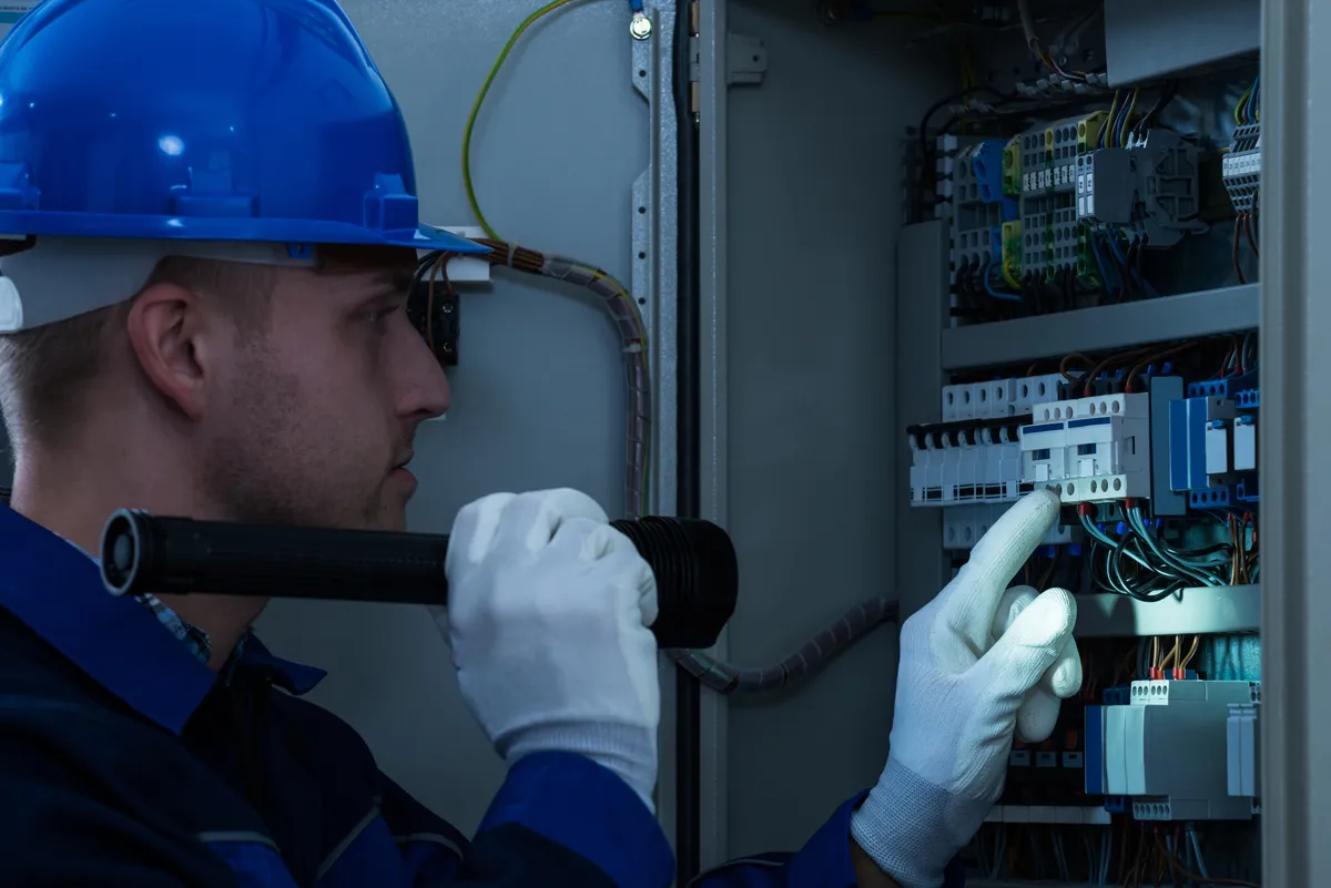 Électricien intervenant sur un tableau électrique résidentiel